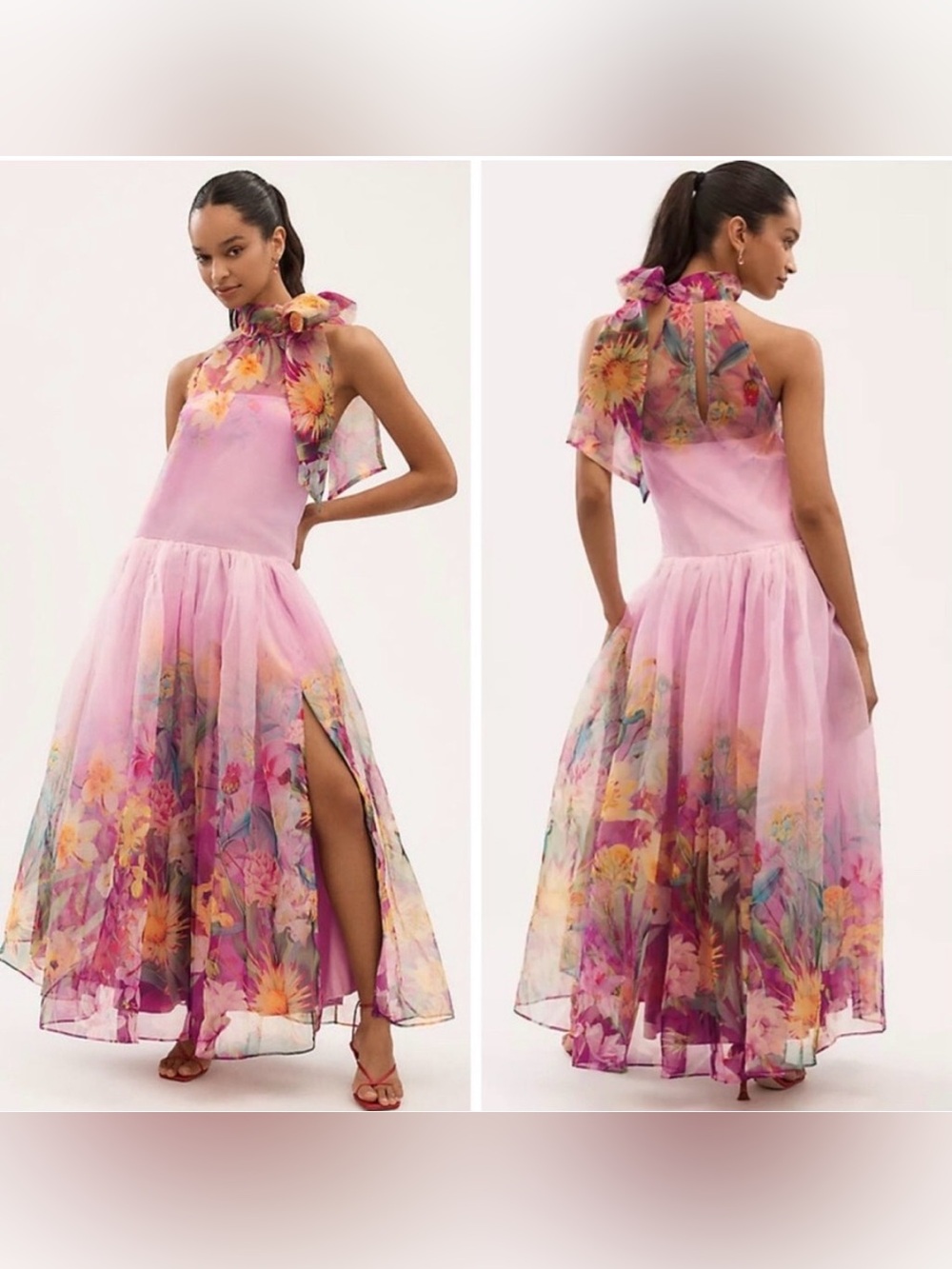 Anthropologie BHLDN Kendall High‎ Neck Scarf Floral Organza Maxi Dress Pink S
